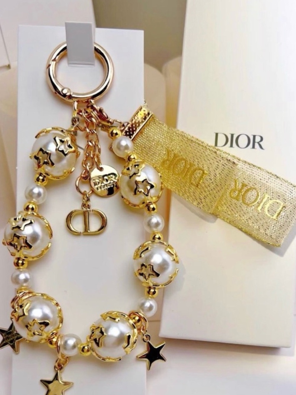 Dior Gold and Pearl Star Charm Keyring